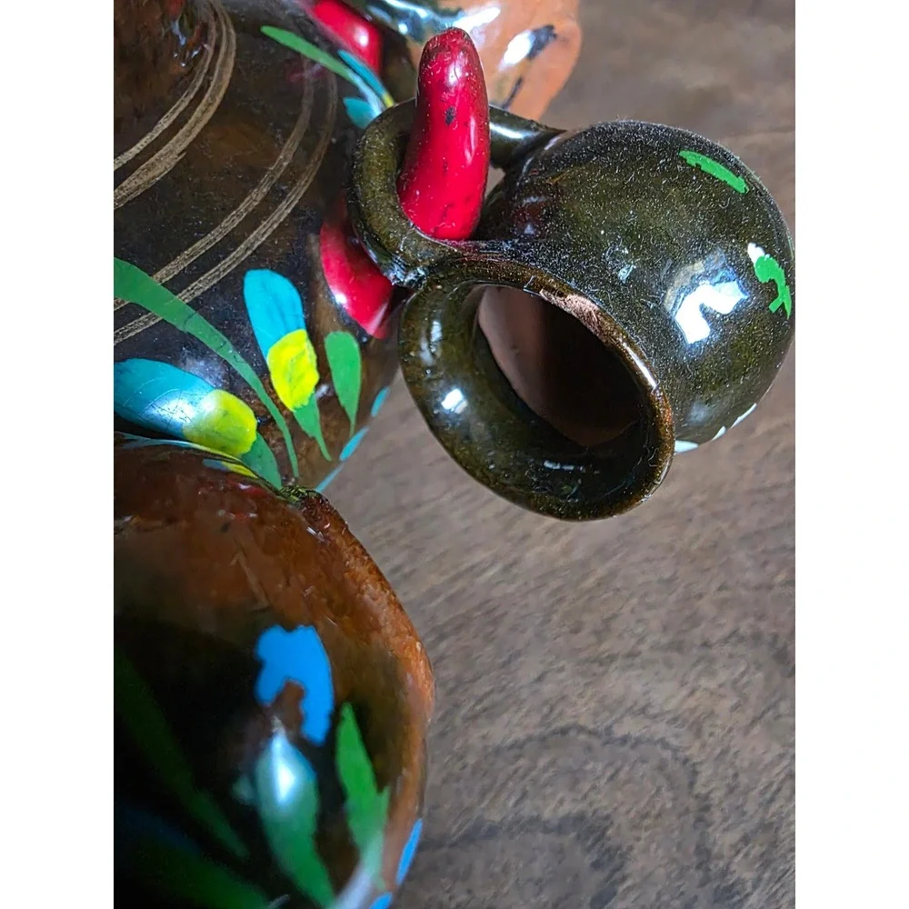Mexican Folk Art Pottery Tequila Set Hand Painted Floral Glazed Brown 8pc decor
